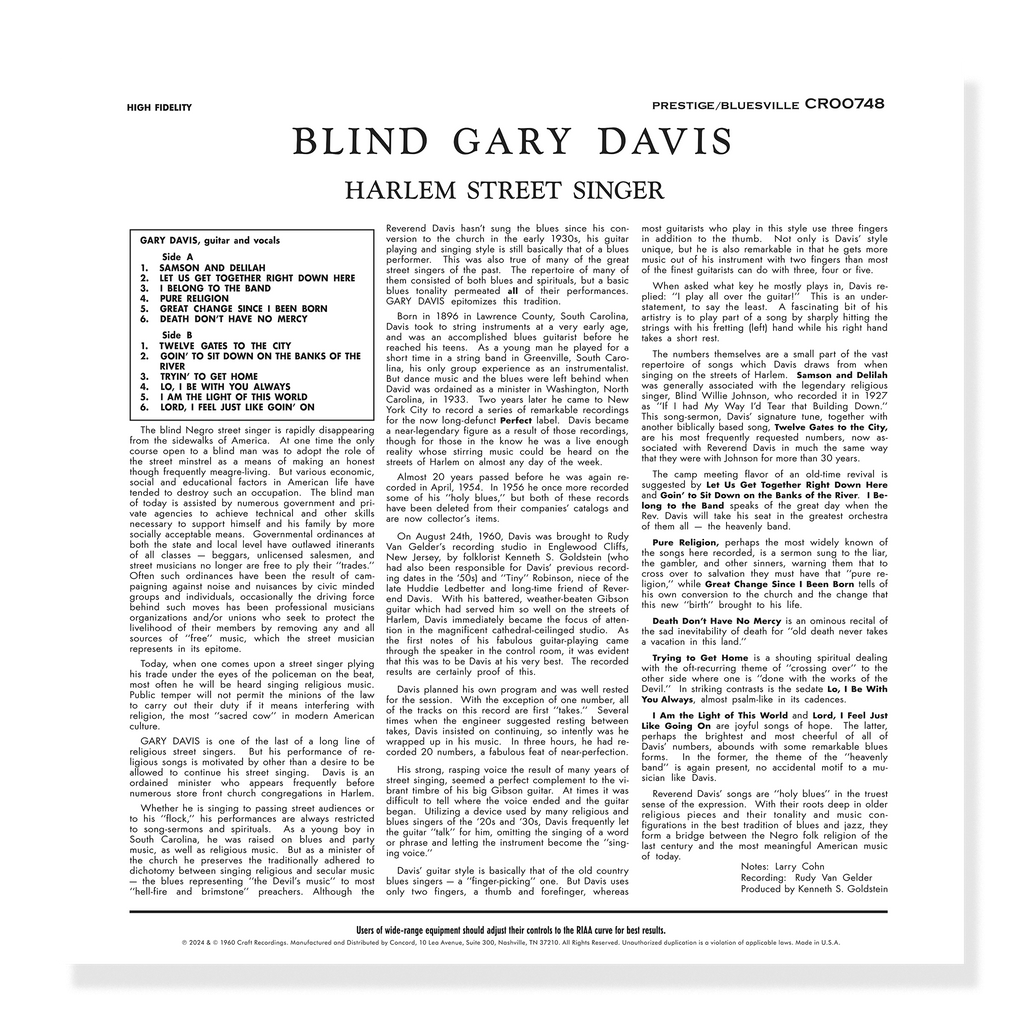 Blind Gary Davis - Harlem Street Singer (Bluesville Series)